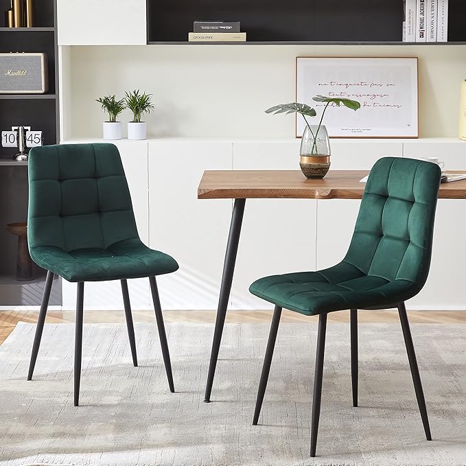 NORDICANA Forest Green Velvet Dinner Chairs Set of 6, Modern Armless Biscuit Tufted Dining Side Chairs with Metal Legs for Kitchen Living Room Vanity