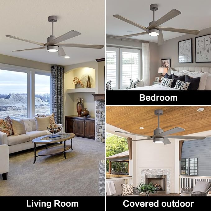 WINGBO 64 Inch DC Ceiling Fan with Lights and Remote Control, 5 Reversible Carved Wood Blades, 6-Speed Noiseless DC Motor, Modern Ceiling Fan in Graphite Finish with Gray Blades, ETL Listed