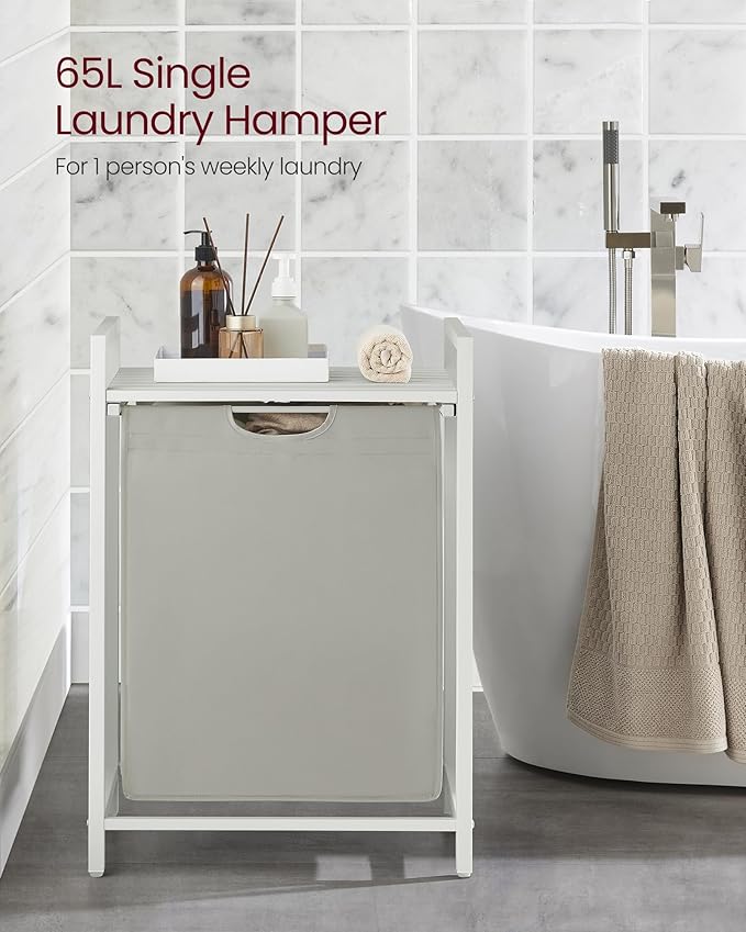 VASAGLE Laundry Hamper, Laundry Basket, Laundry Sorter with A Pull-Out and Removable Bag, Shelf, Metal Frame, 17.2 Gallons (65 L), 19.7 x 13 x 28.4 Inches, Cream White and Cloud White UBLH101W01