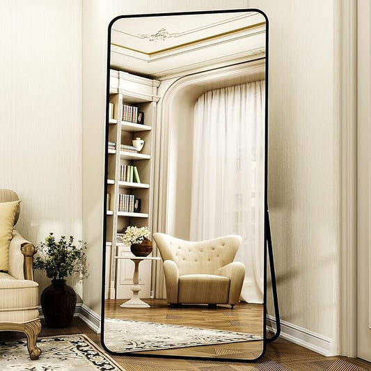 76"x34" Floor Full Length Mirror Standing Full Body Rounded Corner Rectangle Mirrors with Stand Hanging Wall Mounted Leaning Bedroom Living Room Bedroom Cloakroom,Black
