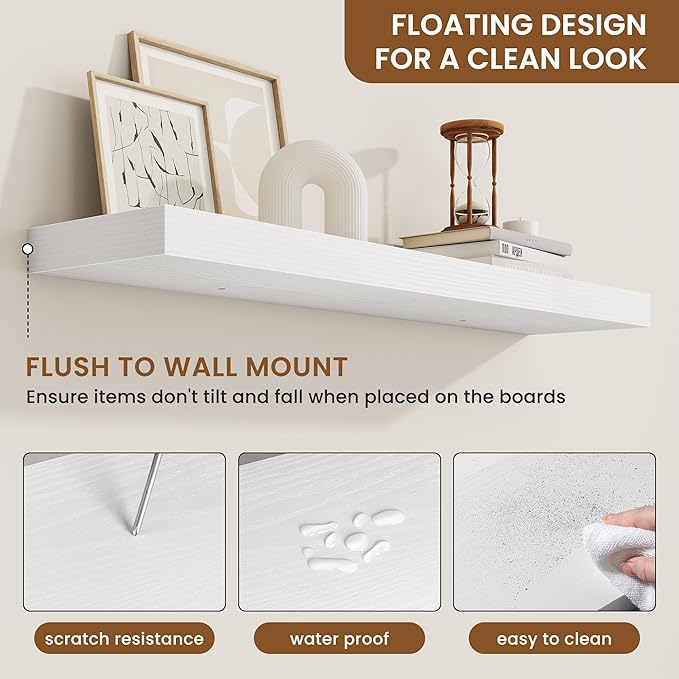 fuqing Floating Shelves for Wall, Wall Mounted Wood Floating Shelf with Invisible Brackets for Living Room, Bathroom, Bedroom, Kitchen Storage and Decor, 36 Inch Set of 2, White