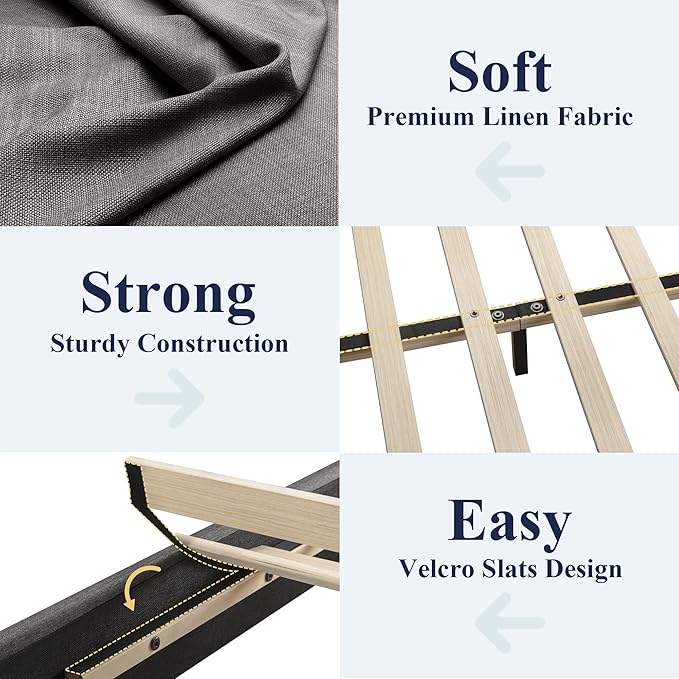 Allewie King Size Bed Frame with Adjustable Headboard, Upholstered Platform Bed with Wood Slats, Heavy Duty Mattress Foundation, No Box Spring Needed, Noise-Free, Easy Assembly, Dark Grey