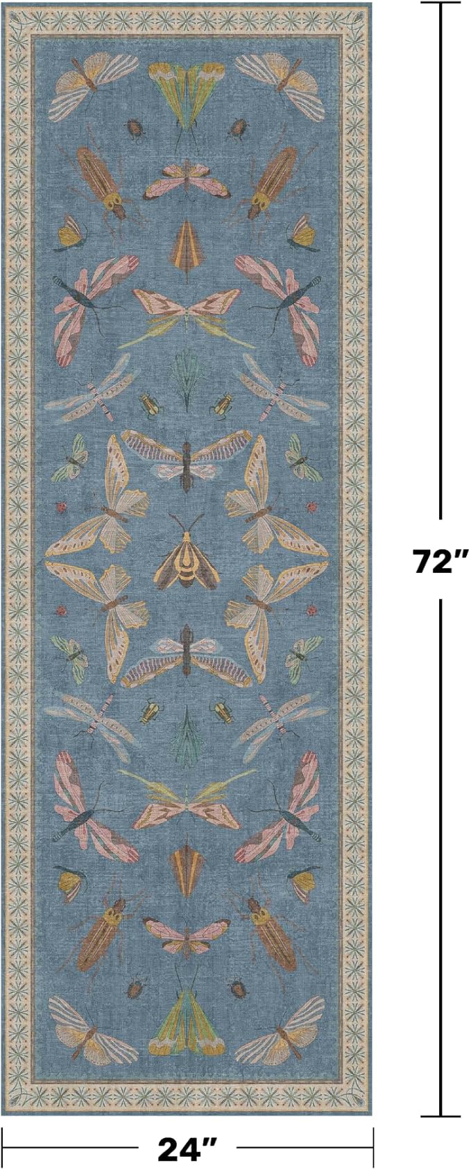 Boho Non Slip Kitchen Rug Runner - 2x6 Blue Washable Rug for Bathroom, Laundry Room, Hallway, Non Slip with Rubber Backing, Insect Print Unique Runner
