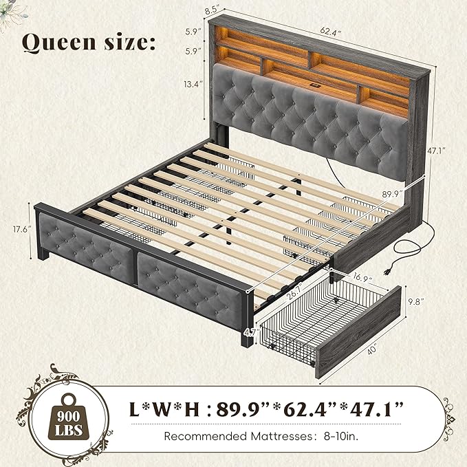 EnHomee Queen Bed Frame with Storage Headboard & 4 Drawers,Wooden Bed Frame Queen Size with Charging Station & LED Lights Upholstered,NO Noise,No Box Spring Needed,Gray