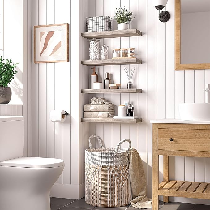 HOOBRO Floating Shelves for Wall, Wall Mounted Shelf Set of 2, 23.6" Hanging Shelf with Invisible Brackets, for Wall in Bathroom, Bedroom, Toilet, Kitchen, Living Room, Office, Greige BG60BJ01G1