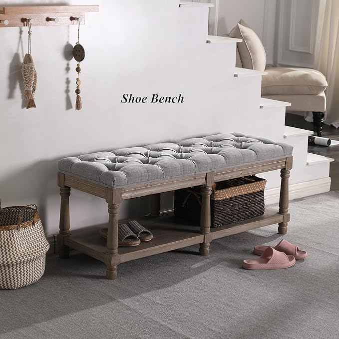 Mid Century Tufted Storage Bench with Shelf, Linen Upholstered Farmhouse Entryway Shoe Bench Ottoman Bed End Stool with Padded Seat, Rustic Bench for Bedroom Living Room Dining Room, Grey