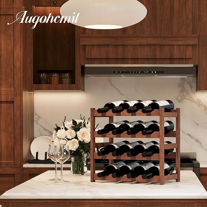 Wine Rack，Bamboo Wine Storage Cabinet Shelf，Countertop Wine Shelf- Freestanding Wine Holder for Kitchen & Pantry (Brown, 4-Tier)