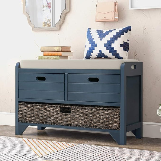 Entryway Shoe Storage Bench with Cushion, Fully Assembled Solid Wood Bench with 2 Drawers and Removable Basket for Hallway, Bedroom or Living Room (Navy)