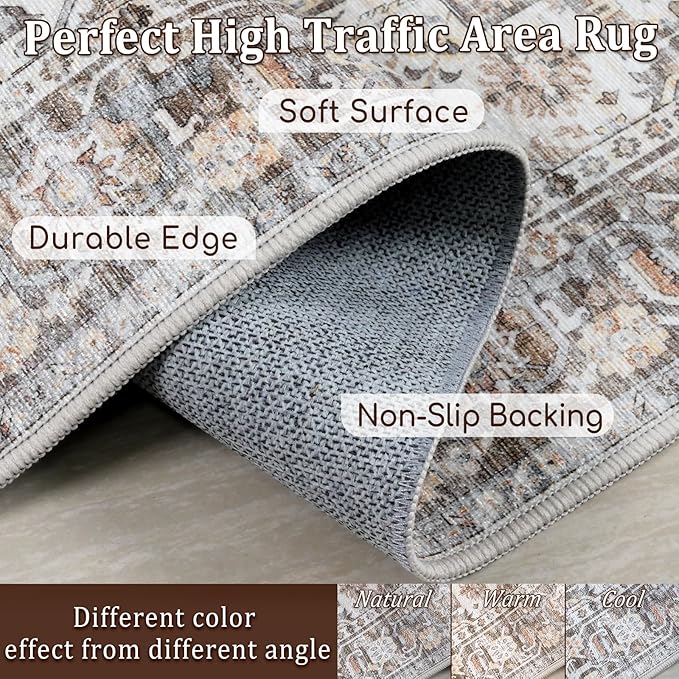 Machine Washable Soft Area Rug 8x10 Rugs with Non Slip Backing for Living Room, Bedroom, Bathroom,Printed Vintage Home Decor, Floor Decoration Carpet Mat (Coffee Beige 8x10)…