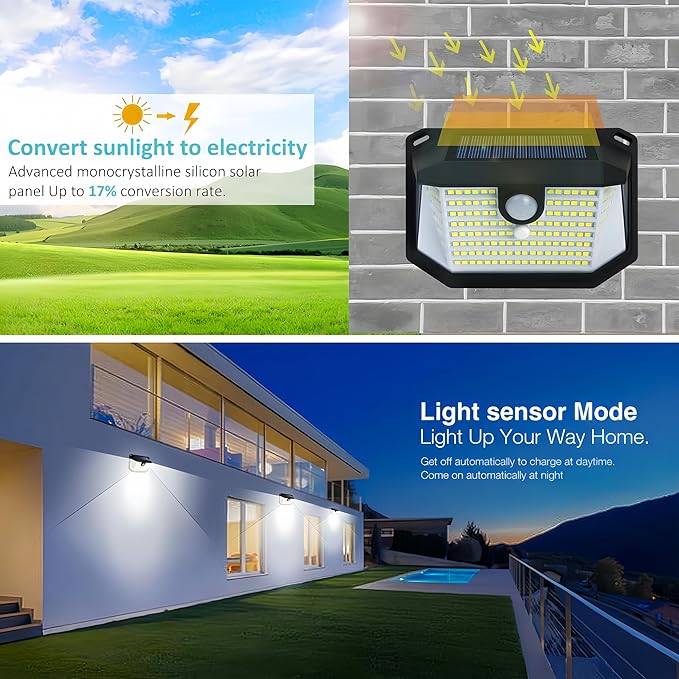 Solar Lights Outdoor 178 LED Lights with Light Reflector and 3 Lighting Modes, Motion Sensor Wall Light, IP65 Water Resistant, Solar Powered for Garden Courtyard