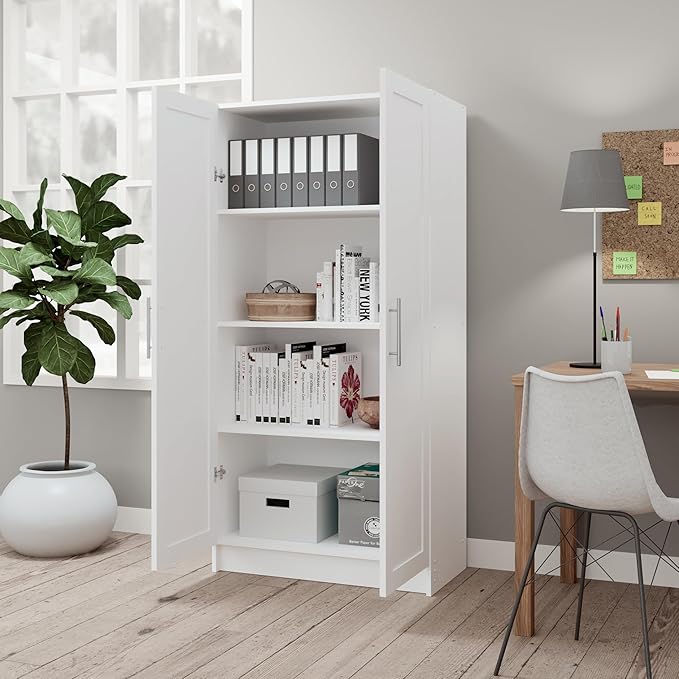 Prepac Elite 65" Tall Storage Cabinet with Panel Doors, Double Door Wood Kitchen Pantry, Dining Room Cupboard with 2 Adjustable and 1 Fixed Shelf, Free Standing Living Room Accent Cabinet, White