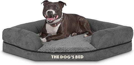 The Dog’s Bed Memory Foam Waterproof Corner Dog Bed, Medium, Grey Plush, Eases Arthritis & Hip Dysplasia Pain, Therapeutic & Supportive, Washable Plush Fabric Cover