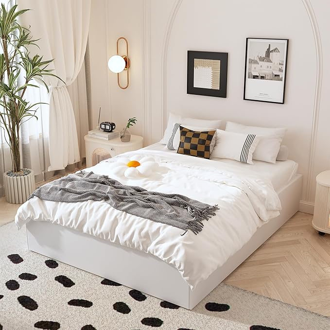 Cal King Bed Frame with White Fabric Cover, 14 Inch Heavy Duty Metal Platform Support Up to 3000 lbs with Steel Slats, No Box Spring Needed, Easy Assembly, Noise Free, Black