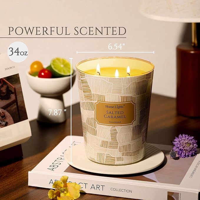 HomeLights Large jar Candle | 3-Wick Long-Lasting Scented Candles, 34oz Natural Soy Wax Candle for Home Scented, Rustic Modern Gifts for Women & Men, Salted Caramel