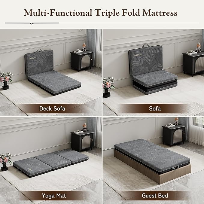 Tri Folding Mattress Single Size - Memory Foam Tri-fold Mattress, Handle & Non-Slip Bottom, Portable Foldable Sofa Bed Floor Mattres Chair for Travel RV Camping Guest Yoga - 4 Inch, 75"x25"x4"