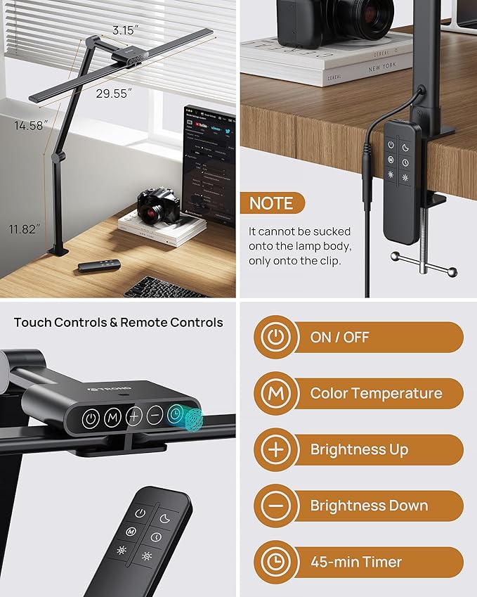 TROND LED Desk Lamp with Clamp, 29.55'' Tall Desk Light with Remote, 1500LM Bright Table Lamp, Swing Arm Clip on Light, Eye-Caring, Touch Control Dimmable for Home Office Monitor Reading Study Task