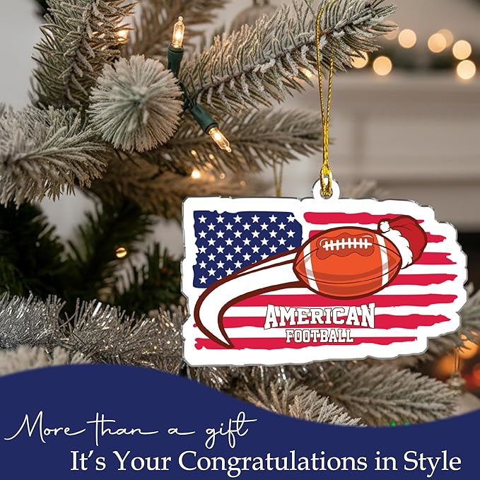 American Flag Football Christmas Ornaments 2025 - Acrylic Football Ornaments for Christmas Tree - US Flag Sports Themed Hanging Decor for Friends, Sport Player, Coaches, Teammates, Fans, Enthusiasts