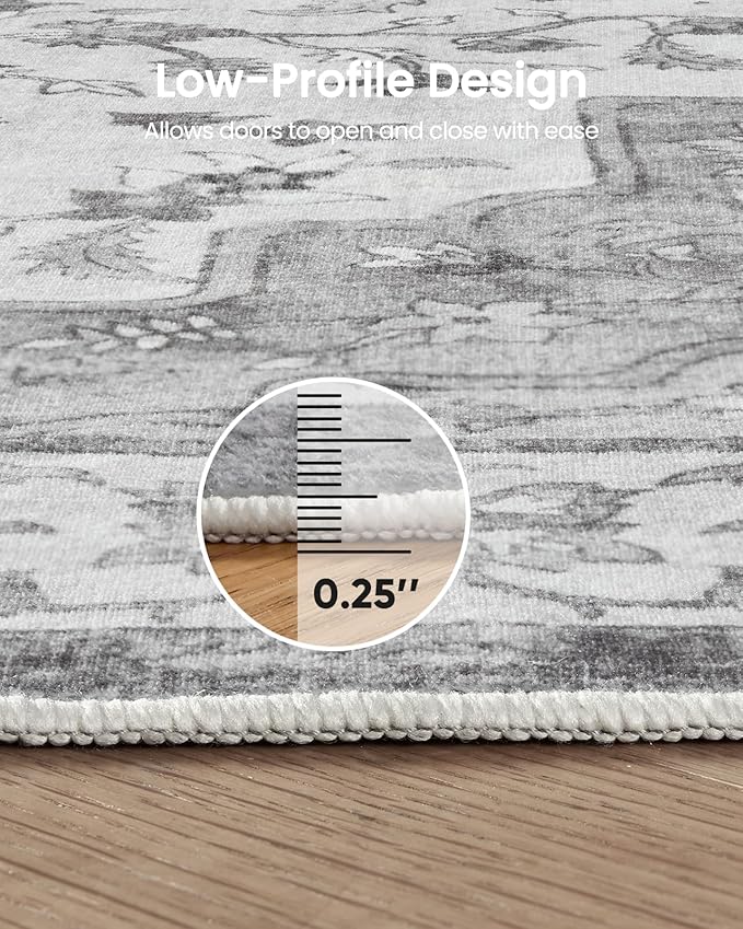 Amada 8x10 Area Rugs, Non-Slip Washable Rug with Low Profile, Durable Bound Edge, Soft Large Vintage Rug for Living Room, Bedroom, Dinning Room, Home Office,Silver Gray