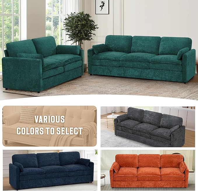 89" Chenille 3 Seats Sofa with 2 Pillows, Modern Upholstered Sofa with Deeper Seats, Comfy Sofa with Thickened Cushions for Living Room, Apartment, Teal