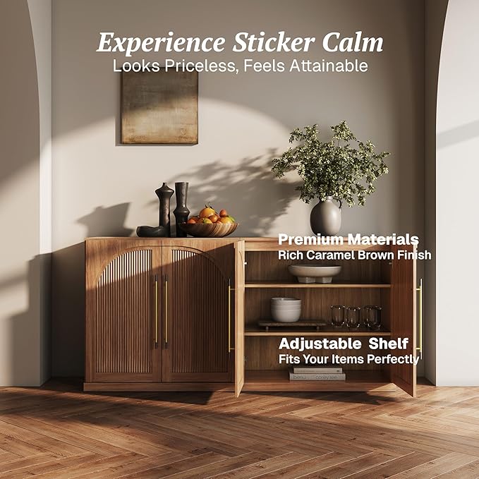 BELLEZE Set of 2 Modular Sideboard with Double-Arc Wood Doors, Small Arched Buffet Cabinet with Storage and Adjustable Shelves, Classic Modern Credenza for Dining Room, Living Room or Entryway(Camel)