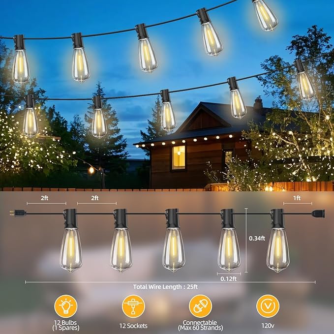 ST40 25FT Outdoor LED String Lights with 12+1 Shatterproof Bulbs,E17 Socket, 2700K Warm White,Weatherproof, 0.6W LED,for Patio,Porch, Deck,Gazebo,Bistro,Garden,Wedding,Party Decor
