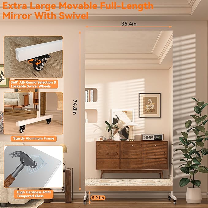 Hasipu Home Gym Mirror 360° Swivel on Wheels, 74.8" x 35.4" Extra Large Full Body Rolling Mirror for Yoga Studio, Bedroom, Dancing Studio, White