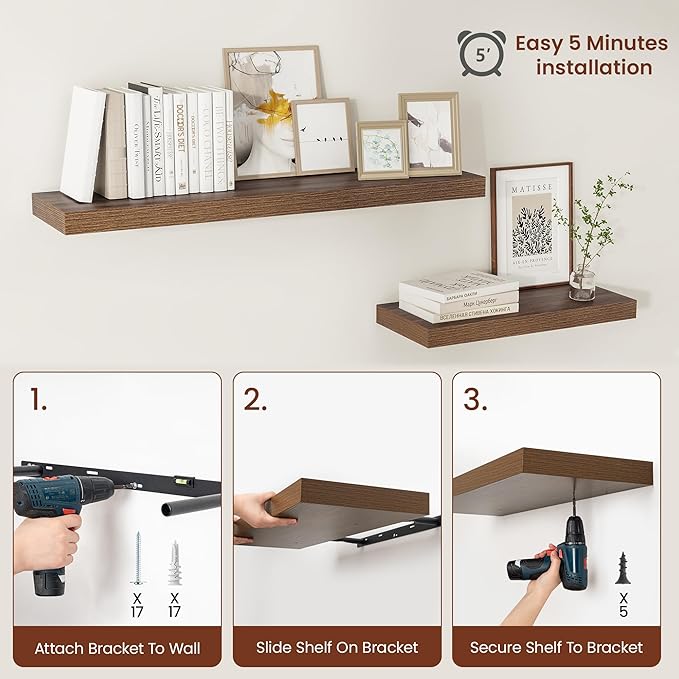 Vivelove Farmhouse Floating Shelves for Wall 12 Inch Deep, 36" X 12" X 2" Floating Shelf, 2 Inch Thick Shelf for Living Room Bathroom Bedroom Kitchen, Rustic Farmhouse Decor Set of 2, Walnut