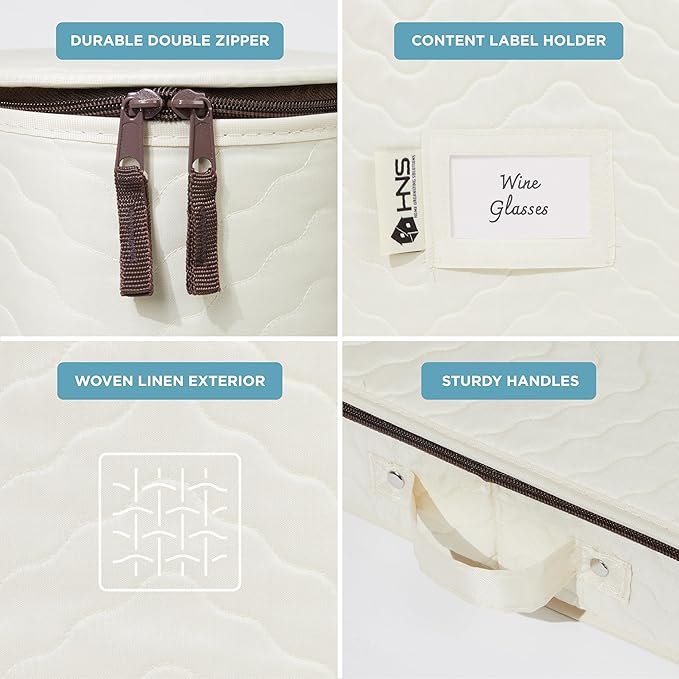 Hard Shell China Storage Containers 12-Piece Set Moving Boxes for Dinnerware, Glasses, Plates, Mugs and Saucers Sturdy Dish Organizer with Dividers for Seasonal Storage - Service for 12 -Beige Quilted