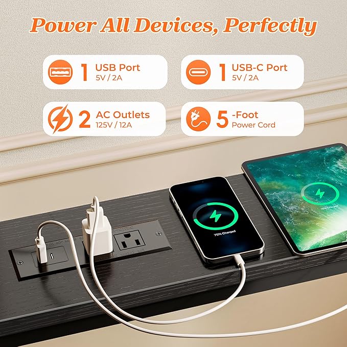 SUPERJARE 79 Inch Sofa Table with 2 Power Outlets and USB-C Ports, 5.9 Inch Narrow Console Table with Storage, Long Entryway Hallway Couch Table Behind Sofa, Small Spaces, Living Room, Black