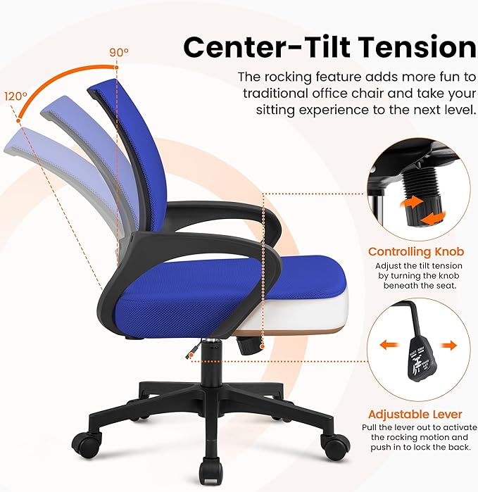 Yaheetech Mid-Back Mesh Office Chair Adjustable Ergonomic Computer Task Chair Swivel Rolling with Lumbar Support Armrest for Home Office Work Study, Blue
