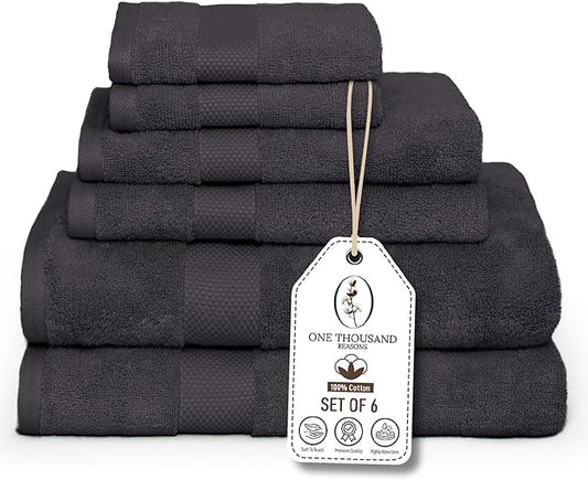 Premium Staple Cotton Bathroom Towel Set - Dark Gray 600 GSM 6-Piece Luxury Bath Towel Set 1 Stripe - 2 Bath Towels, 2 Hand Towels & 2 Washclothes Set - High Absorbent & Quick Dry for Gym, Spa, Hotel