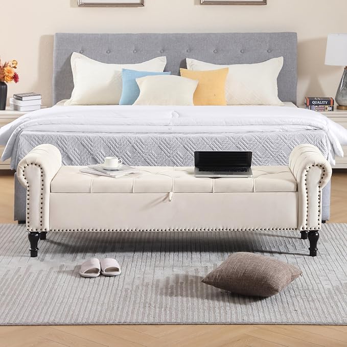 Storage Bed Bench for Bedroom, Velvet 67" End of Bed Benches, King Size Bench with Armrest, Tufted Button Upholstered Ottoman Bench for Living Room, Entryway, Cream Beige