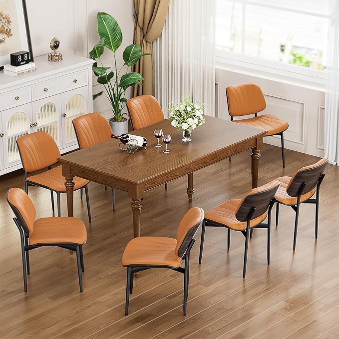 Dining Chairs Set of 8, Mid Century Modern Dining Room and Kitchen Chairs, Upholstered PU Leather Chairs with Walnut Bentwood and Metal Legs, Orange