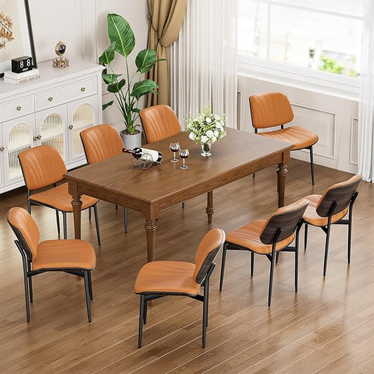 Dining Chairs Set of 8, Mid Century Modern Dining Room and Kitchen Chairs, Upholstered PU Leather Chairs with Walnut Bentwood and Metal Legs, Orange