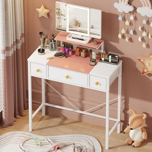 Small Makeup Vanity Desk 27.5''W with Mirror and Lights, Vanity Desk with 3 Fabric Drawers and Height-Adjustable Stand, Vanity Table for Girls Gifts, Bedroom and Small Spaces, White&Pink
