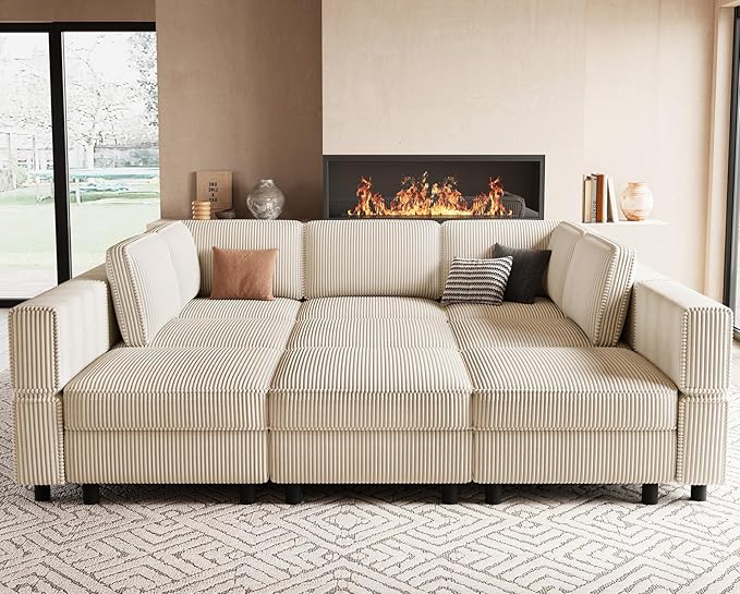 88.6" 9 Seat Modular Sectional Sofa with Deep Storage Seat,Corduroy Comfy Sectional Couch Convertible Modular Sleeper Sofa Couch with Movable Ottoman,Upholstered Couches for Living Room,Beige