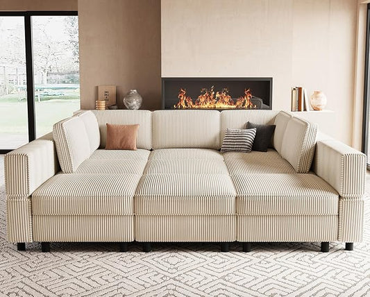88.6" 9 Seat Modular Sectional Sofa with Deep Storage Seat,Corduroy Comfy Sectional Couch Convertible Modular Sleeper Sofa Couch with Movable Ottoman,Upholstered Couches for Living Room,Beige