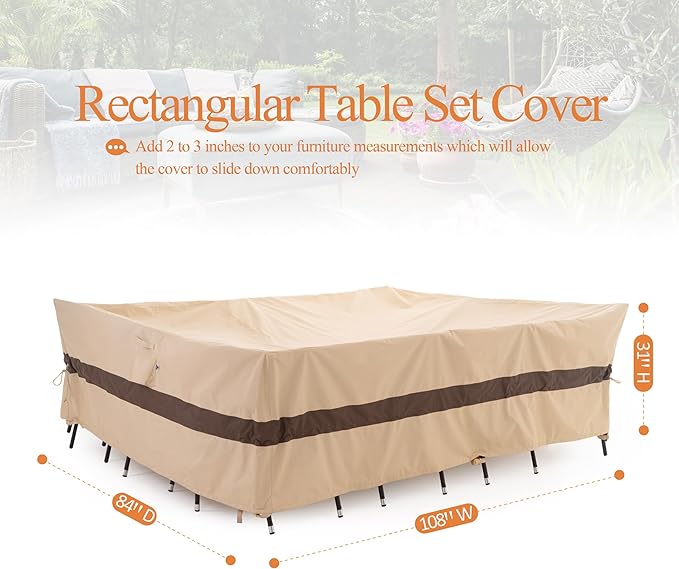 WJ-X3 Large Beige & Coffee Patio Furniture Cover, 108W x 84D x 31H Inches - Waterproof, UV & Wind-Resistant, Anti-Fade - Perfect for Outdoor Table & Chair Sets