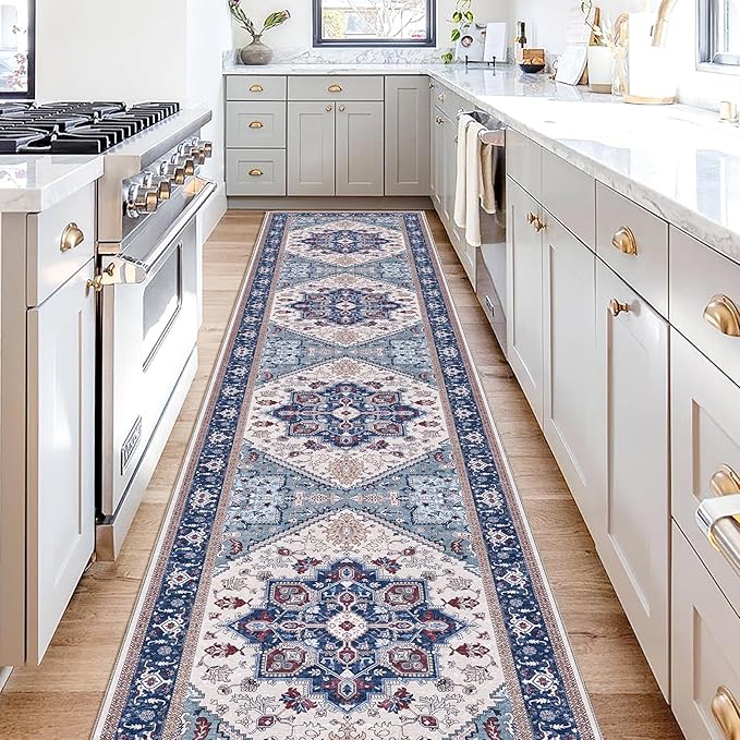 OPPODREAM Thin Entryway Rug 2x10, 2x10 Rug Runner, Washable Hallways Carpet 2 x 10 with Non Slip Backing, Low-Pile Bedside Carpet 2 x 10, Long, Faux Cashmere, Navy Blue & Red & Cream