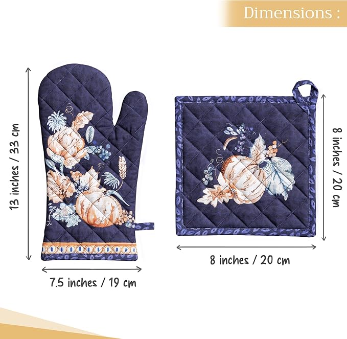 Maison d' Hermine 100% Cotton Oven Mitt & Pot Holder Set (7.5"x13" & 8"x8") Heat Resistant BBQ Cooking Gloves with Loop for Thanksgiving Christmas Decorations Handling Hot Pans (Pumpkin Blues)