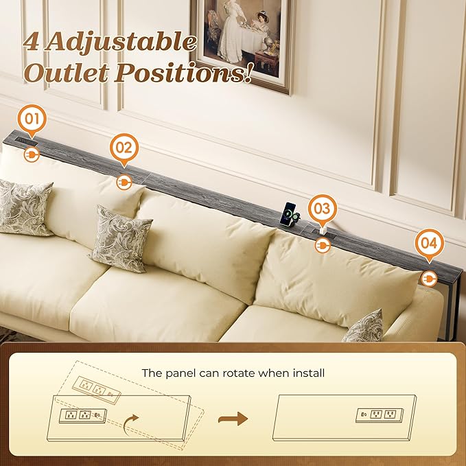 SUPERJARE 110.2 Inch Sofa Table with 2 Power Outlets and USB-C Port, 5.9 Inch Narrow Console Table with Storage, Extra-Long, for Entryway Hallway Couch Behind Sofa, Small Spaces, Grey