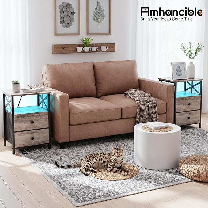 AMHANCIBLE Night Stand Set 2, LED Nightstand with Charging Station, End Tables Living Room with Fabric Drawers, Bedside Table for Bedroom, Greige, HET052LGY