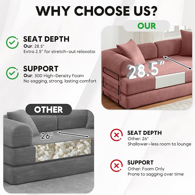 Convertible Sleeper Sofa Bed with Cylindrical Pillow, Corduroy Folding Boneless Couch with Fixed-Shape Frame, Floor Sofa Lounge Couch for Living Room Bedroom Lounge Studio-Pink