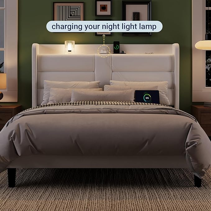 Allewie Full Size Platform Bed Frame with Charging Station & Storage Headboard, Upholstered Velvet Wingback Design & USB Port, Strong Wooden Slats Support, No Box Spring Needed, Easy Assembly, White