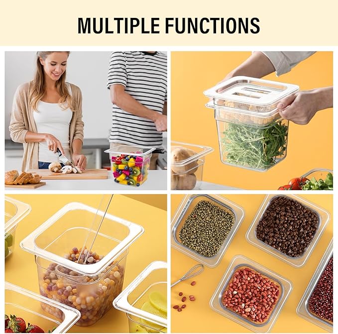4 Pack Plastic Food Pans with Lids,1/6Size 6 Inch Stackable Restaurant Clear Food Storage Containers,Polycarbonate Commercial Hotel Pans for Fruits Vegetables Beans Corns(4Pack 6" Deep)