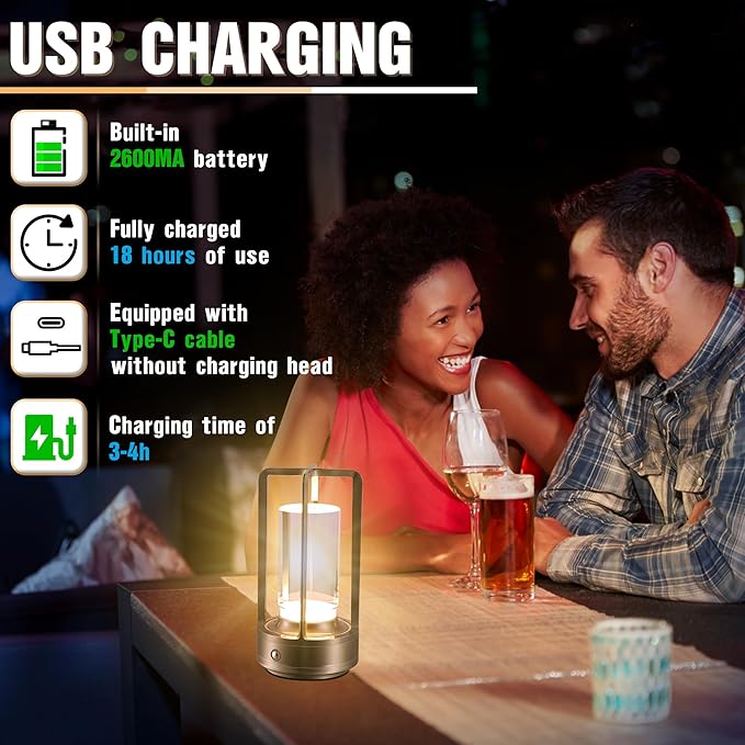 Portable Metal Table Lamp,Cordless Table Lamp, Rechargeable Battery Operated Lights, LED Table Lamps, 3 Color Stepless Dimming Touch, for Bedroom Restaurant Home Outdoor (Sliver)