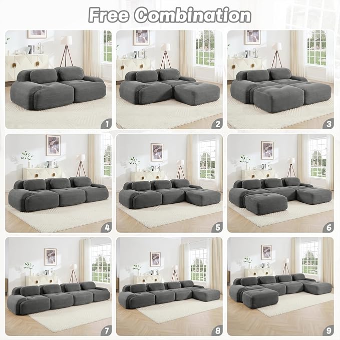 116" Modern Compressed Boneless Couch, 3 Seater Sectional Couches for Living Room, Gray Corduroy Cloud Modular Sectional Sofa, Comfy Memory Foam, Extra Deep, Sofas para Sala, No Assembly