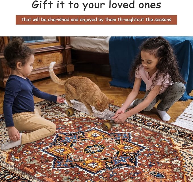 Moynesa Ultra-Thin Washable Oriental Area Rug - 5x7 Large Living Room Rug, Non-Slip Non-Shedding Stain Resistance Low Pile Playroom Mat Indoor Floor Carpet for Bedroom Nursery, Brown/Multi