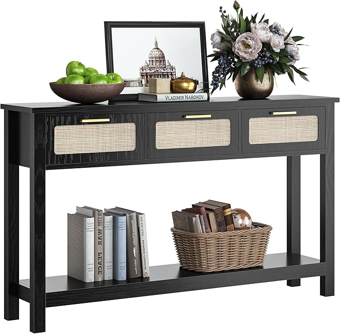 ELYKEN 51.2" Black Console Tables for Entryway, Rattan Entryway Table with 3 Drawer & Shelf, Narrow Long Sofa Table for Behind Couch Hallway, Entrance Entry Living Room