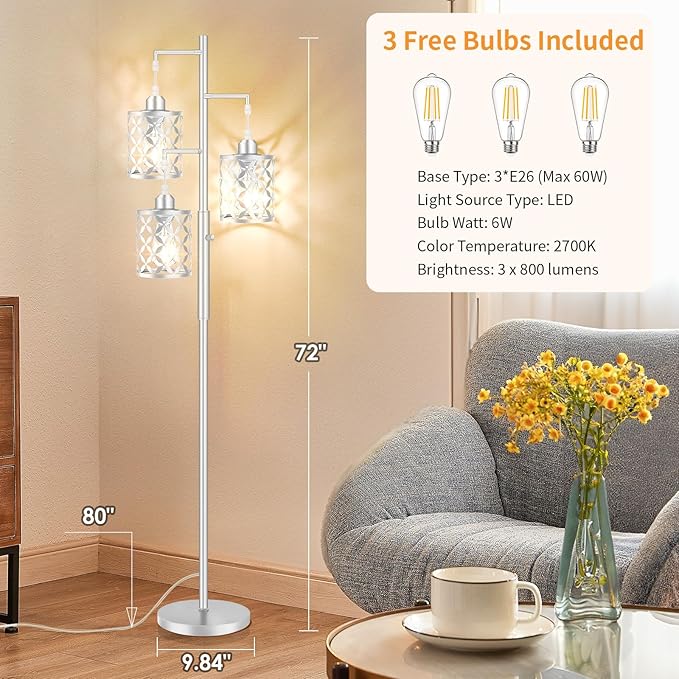 【Upgraded】72" Tall Dimmable Floor Lamp, Modern Standing Lamp with Elegant Metal Cage, Industrial Tree Floor Lamps for Living Room, Bedroom, Study Room, Office (3 x 800LM LED Bulbs Included) - Silver